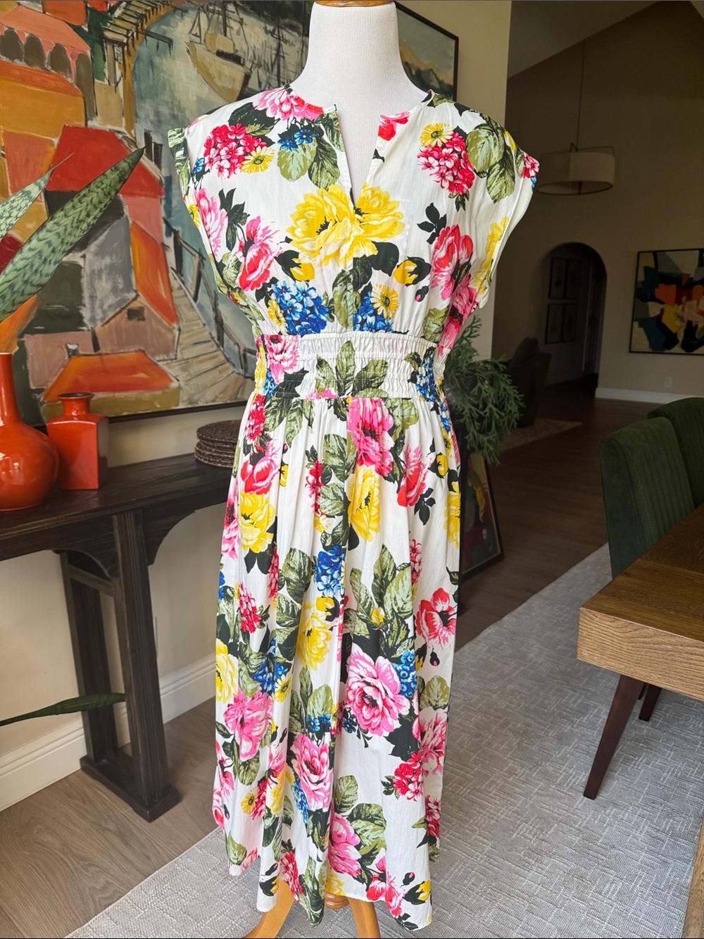 Calvin Klein White Maxi Dress with Yellow, Pink & Blue Floral Print